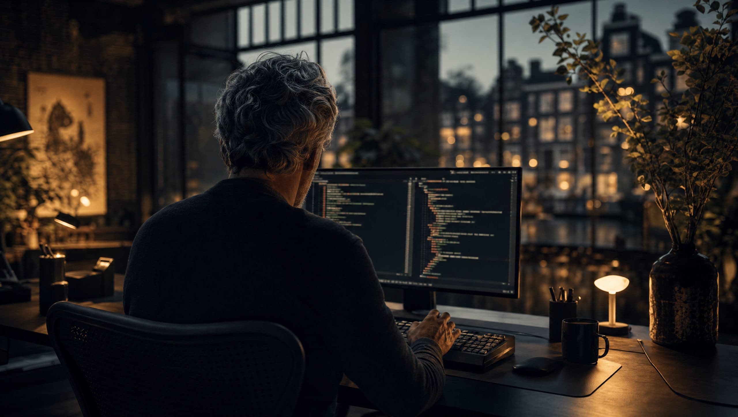 Software engineer aan het werk in een Amsterdams kantoor met uitzicht op de gracht